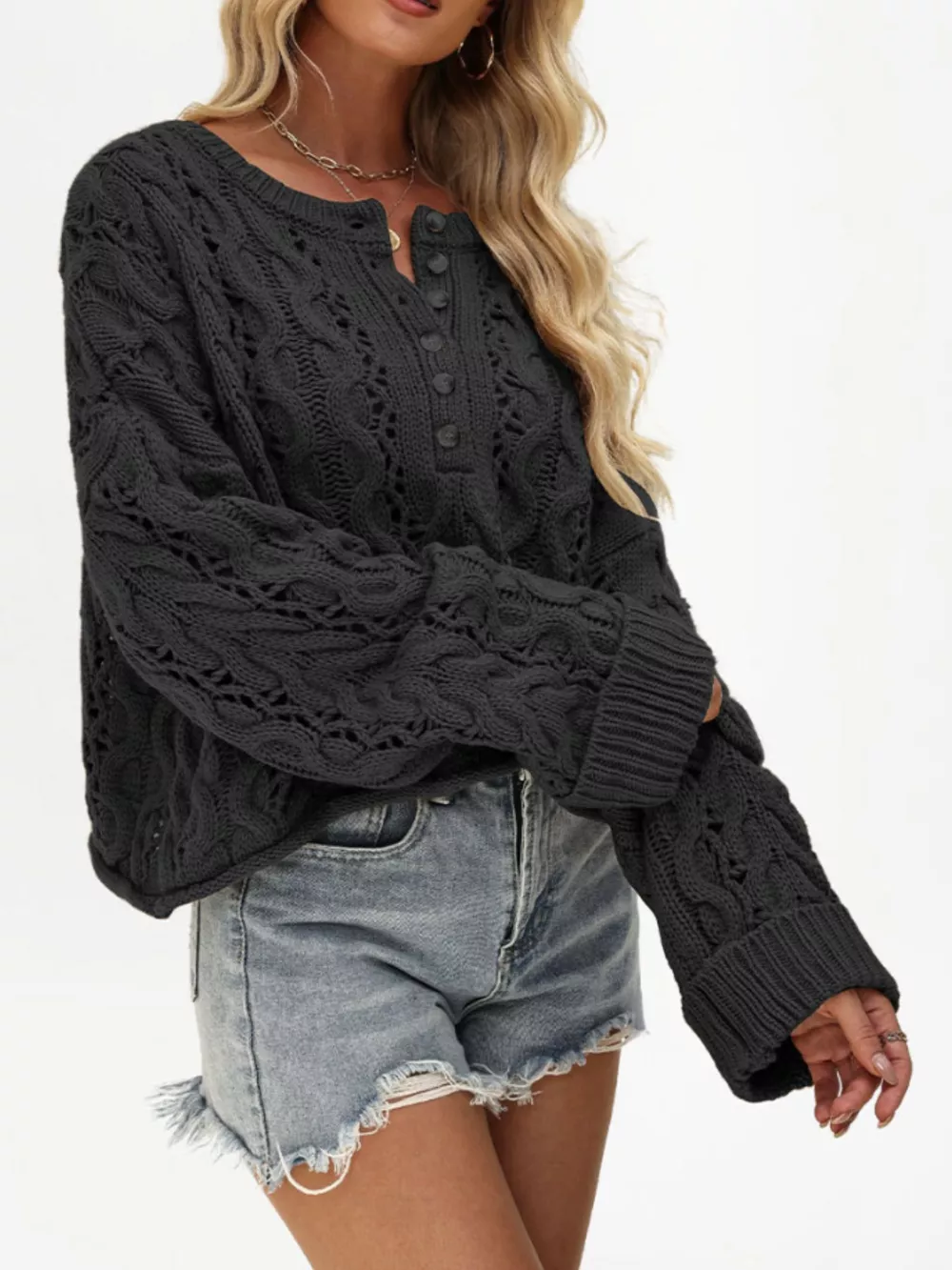 Chic Cable Knit Half-Button Openwork Sweater, image 6