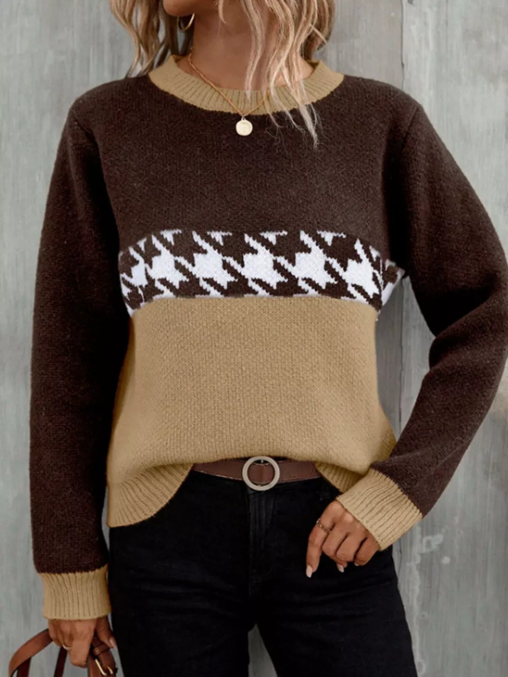 Houndstooth Pattern Color Block Sweater, image 5