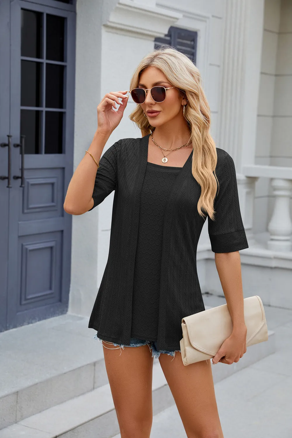 Texture Square Neck Short Sleeve Blouse, image 10