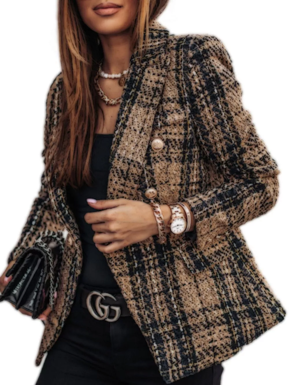 Full Size Plaid Tweed Double-Breasted Blazer Plus Size, image 7