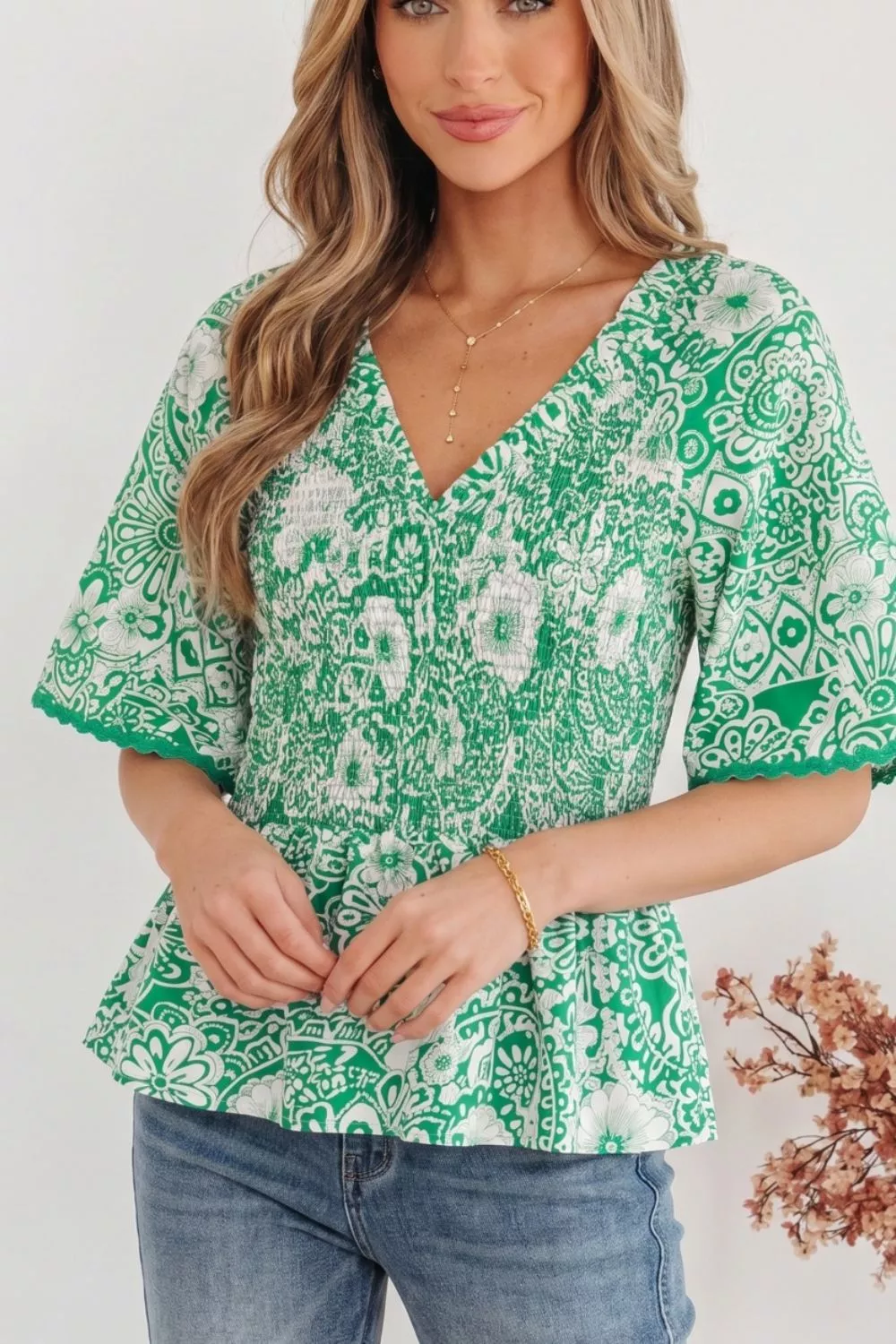 Flirty Floral Smocked V Neck Blouse, image 6