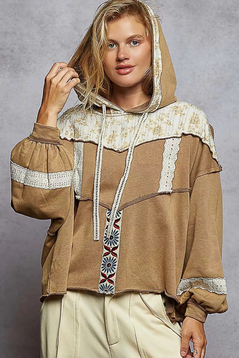 Drawstring French Terry Hoodie with Gauze Print Patch, image 2
