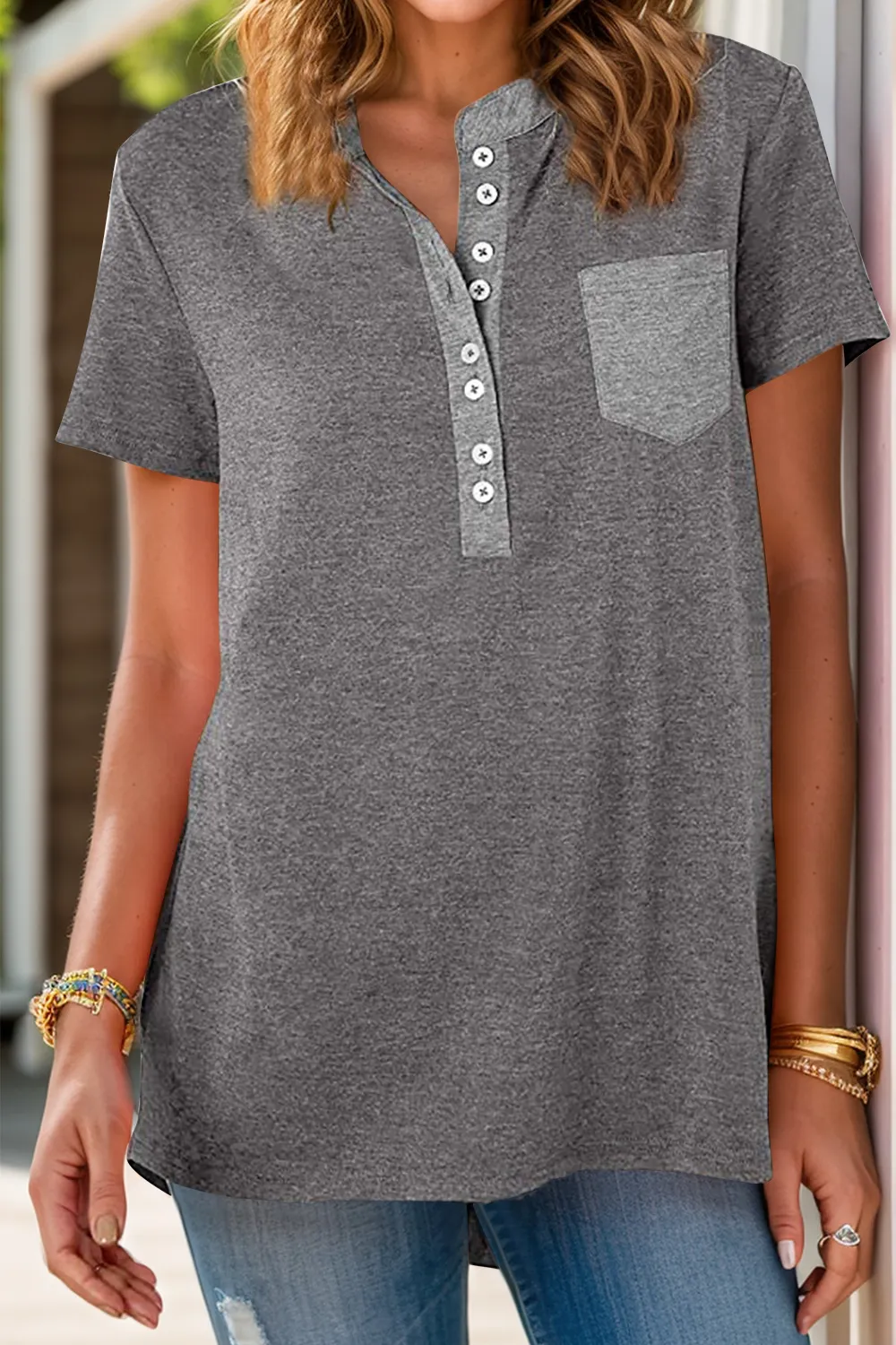 Full Size Half Button Short Sleeve T-Shirt, image 15