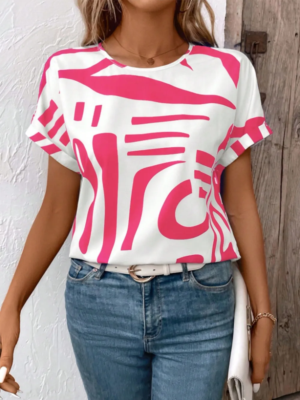 Contrast Round Neck Short Sleeve Blouse, image 11