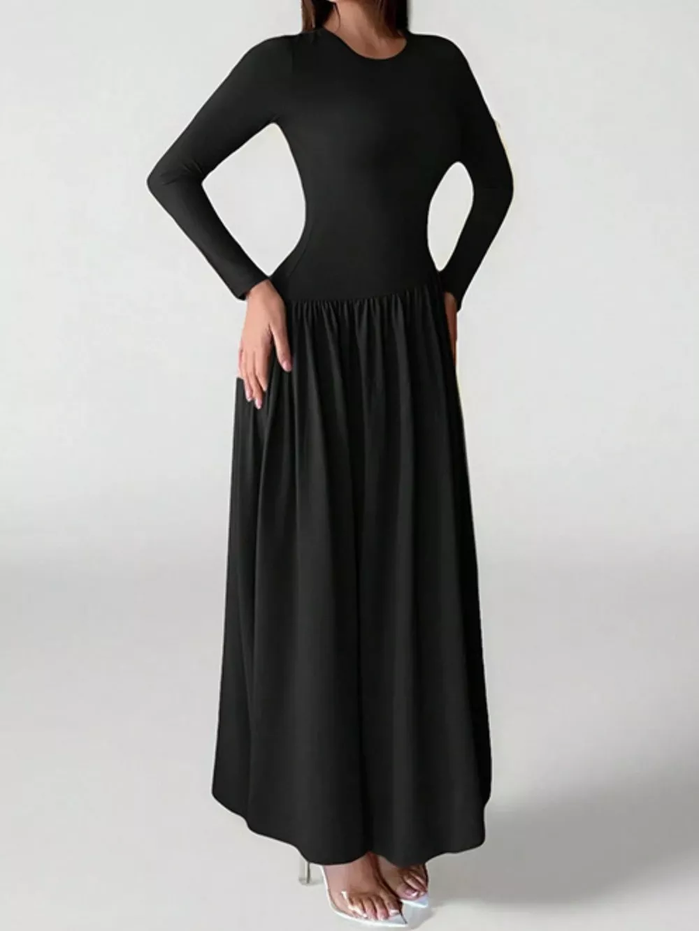 Long Sleeve Ruched A-Line Maxi Dress