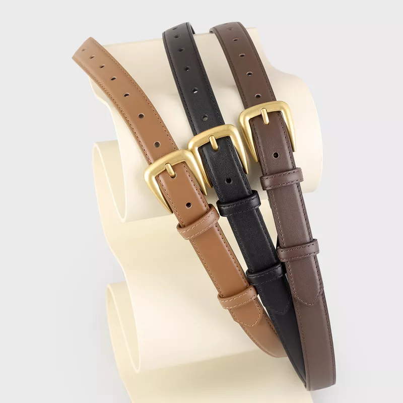 Skinny Leather Belt with Golden Buckle, image 2