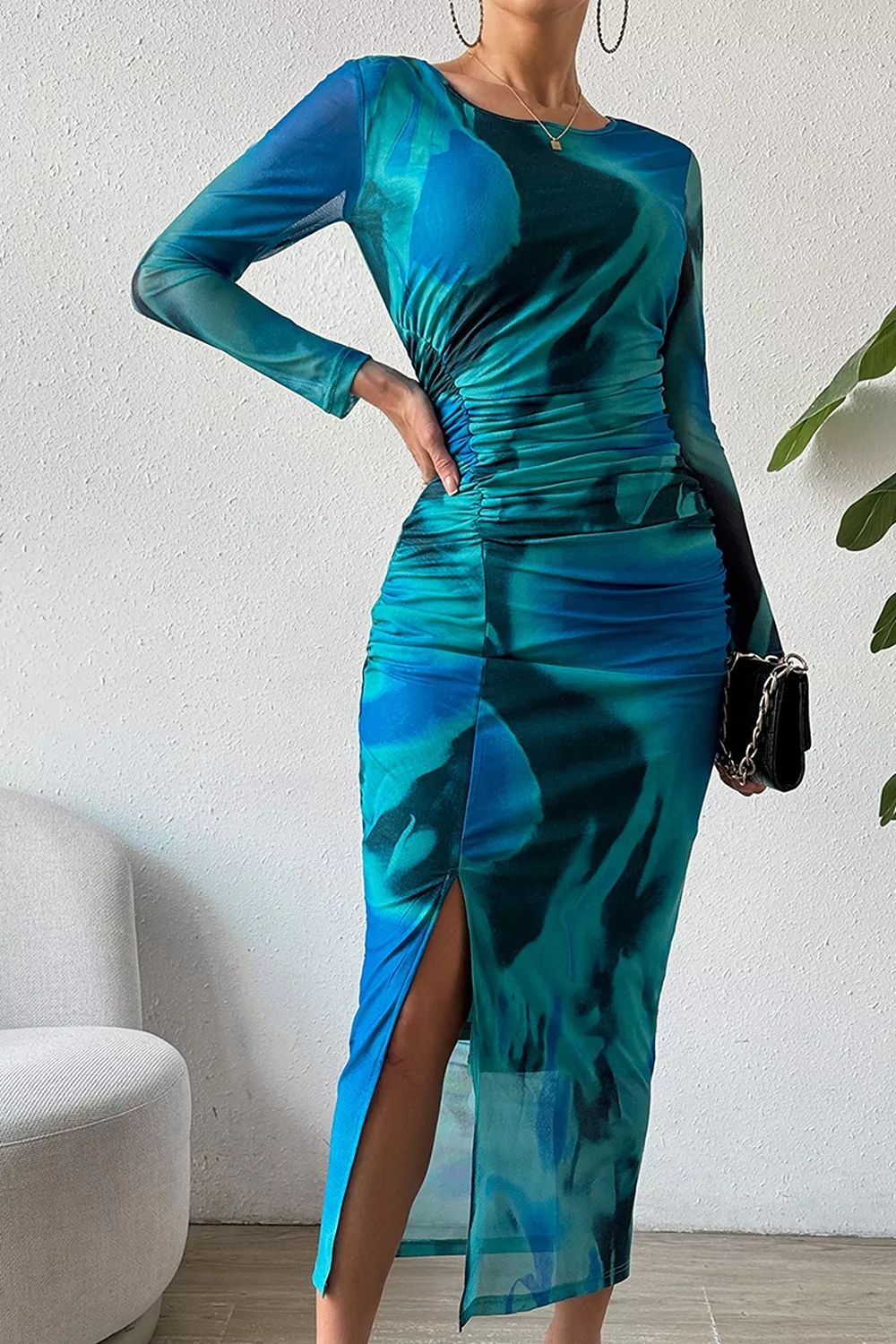 Ruched Tie-Dye Midi Dress with High Slit, image 6