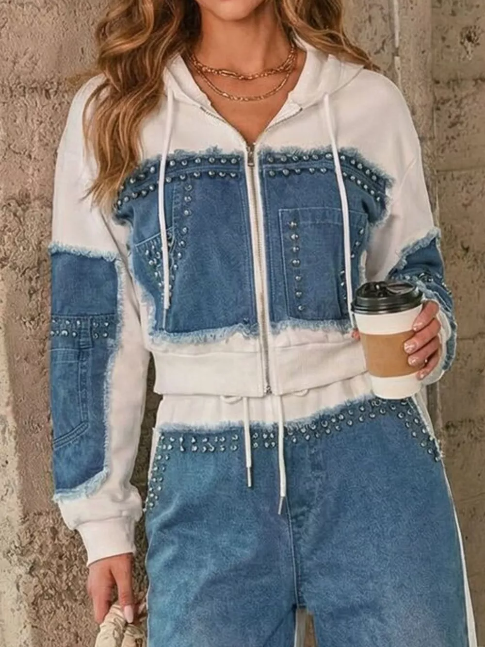 Full Size Studded Denim Patchwork Hoodie and Joggers Set Plus Size, image 3