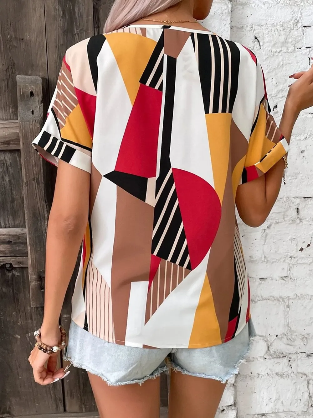 Printed V-Neck Short Sleeve Blouse, image 17