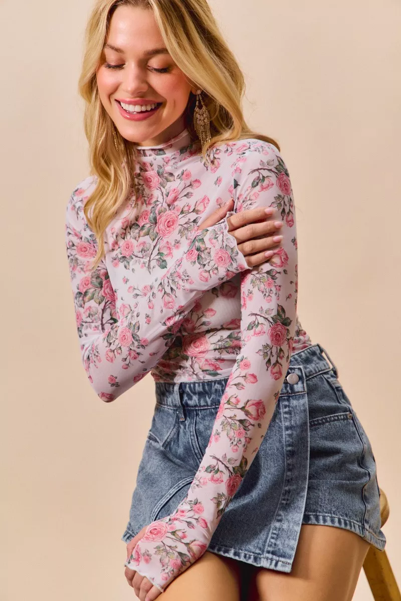 Floral Rose Print Mesh Sheer Layering Top, image 7