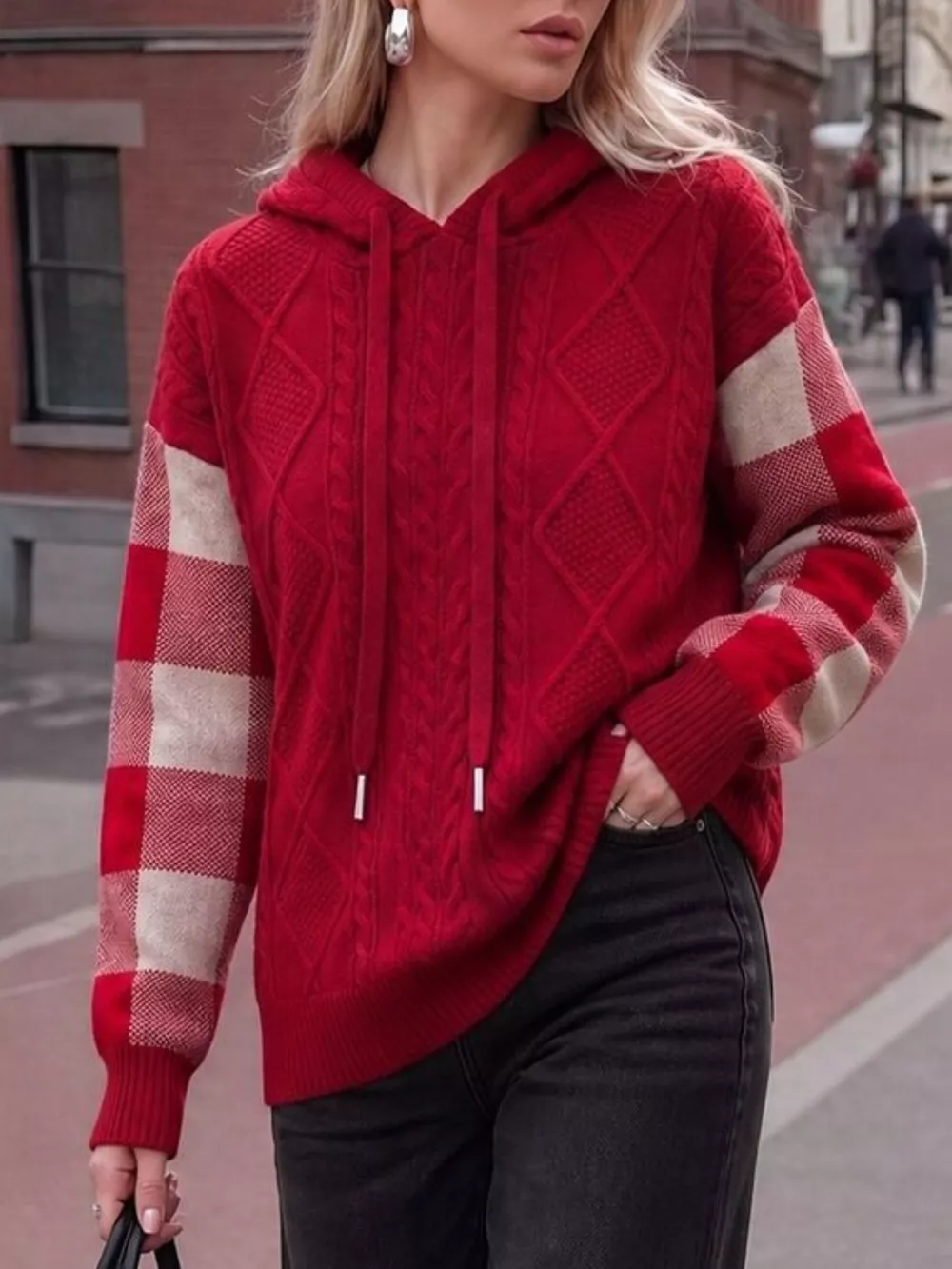 Cable-Knit Plaid Sleeves Hooded Sweater, image 2