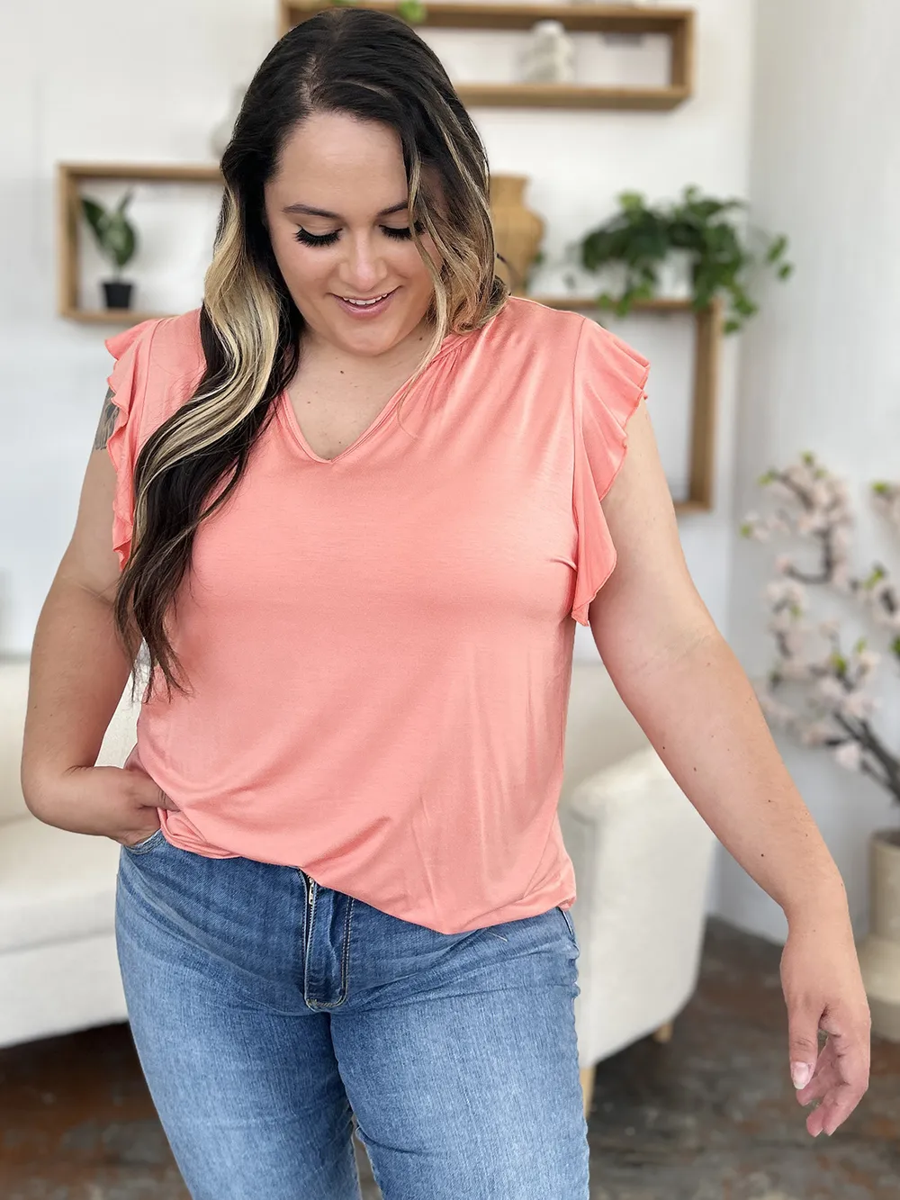 Full Size Bamboo Notched Ruffled Short Sleeve T-Shirt, image 22