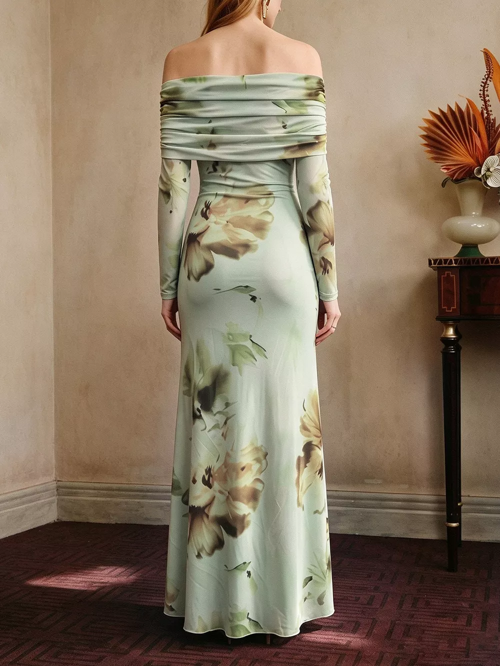 Ruffled Slit Off Shoulder Maxi Dress