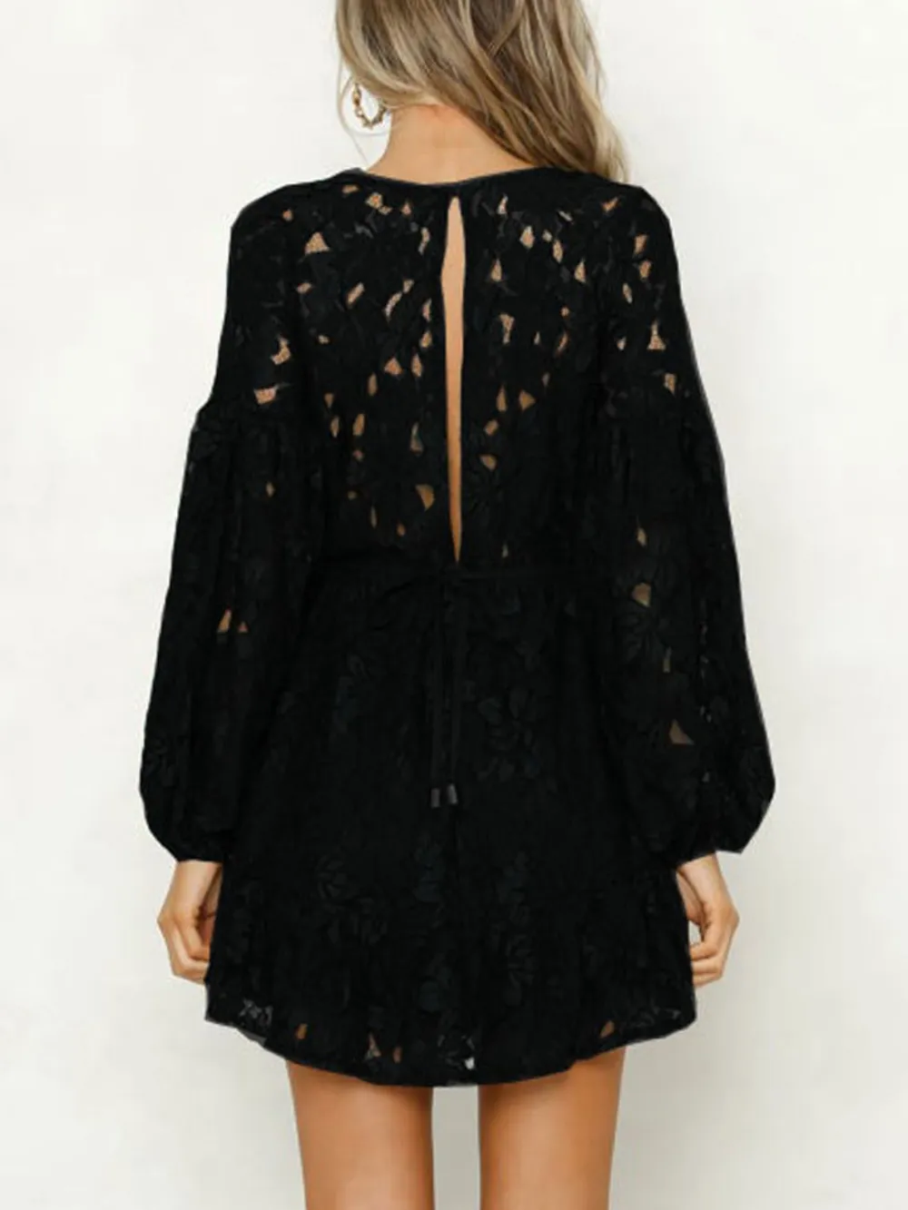 Lace V-Neck Long Sleeve Mini Dress, image 11