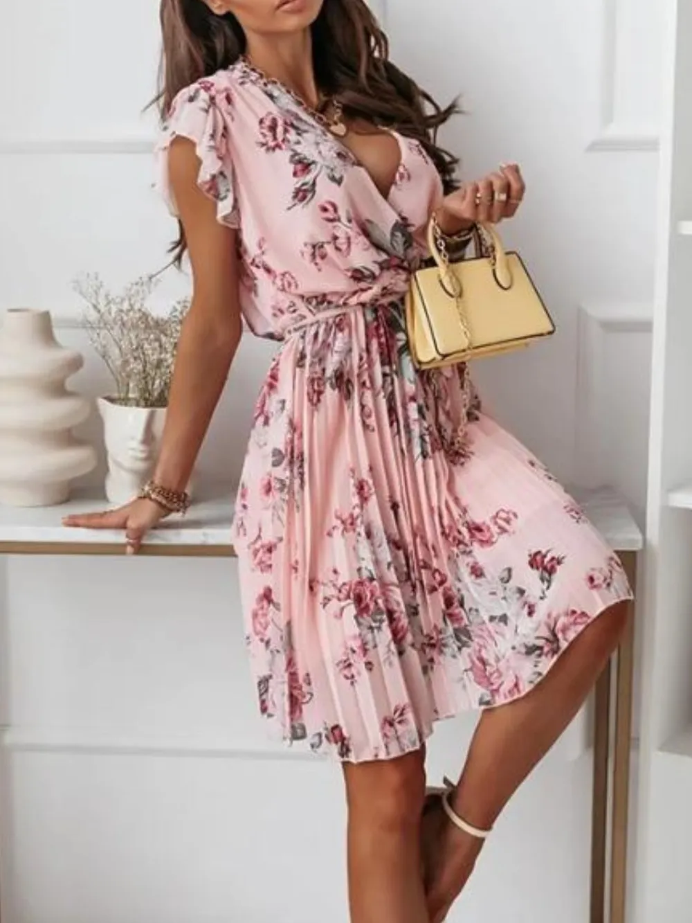 Floral Surplice Ruffled Cap Sleeve Dress, image 15