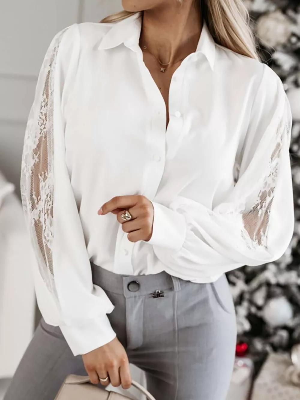Lace-Sleeve Button Up Shirt, image 9