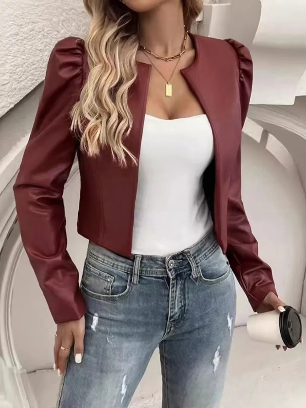 PU Leather Open Front Puff Sleeve Jacket, image 8