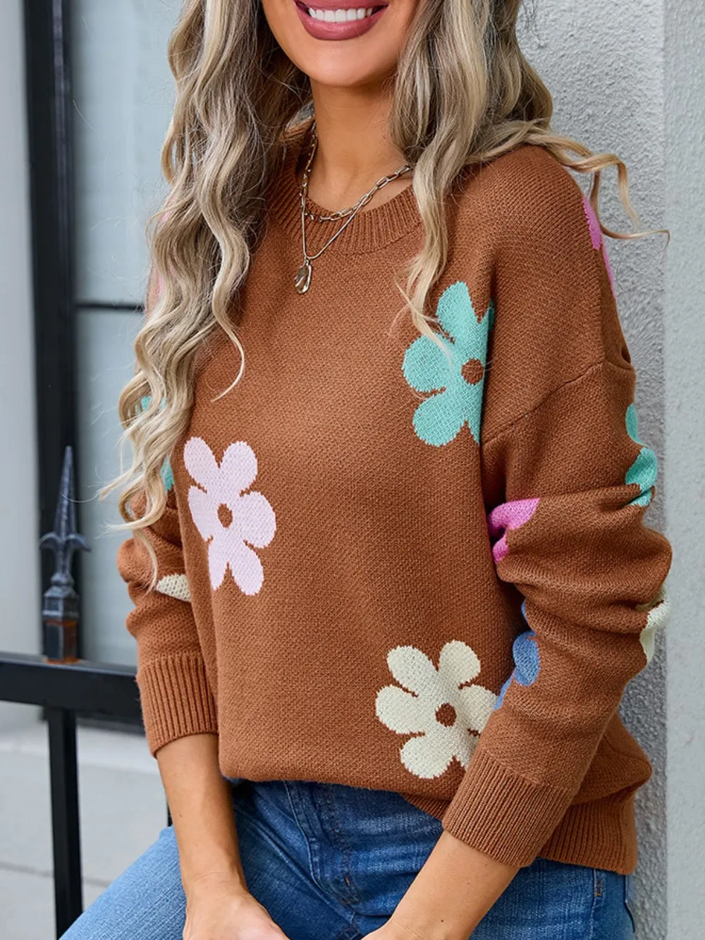Flower Round Neck Long Sleeve Sweater, image 15