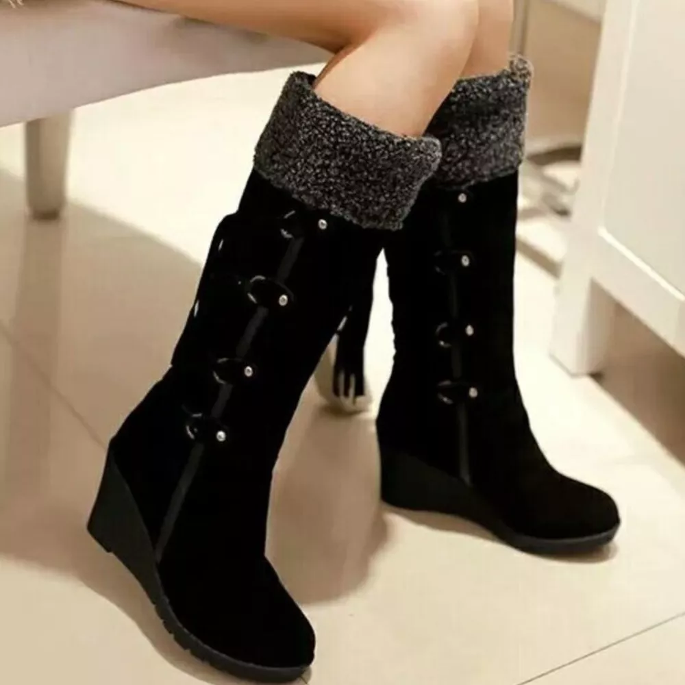 Suede Wedge Boots with Fur Cuff, image 4
