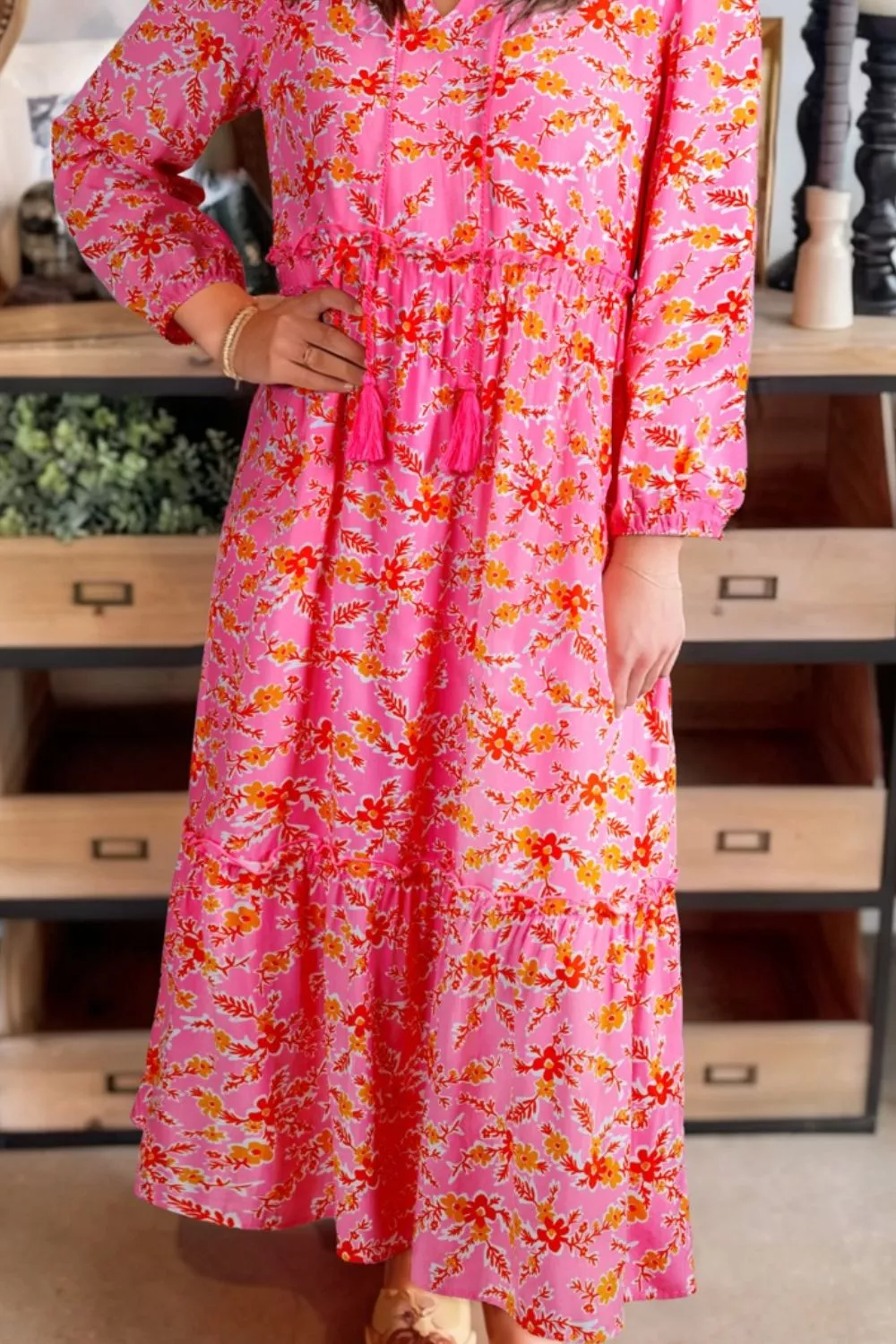 Floral Print Tie Neck Midi Dress, image 2