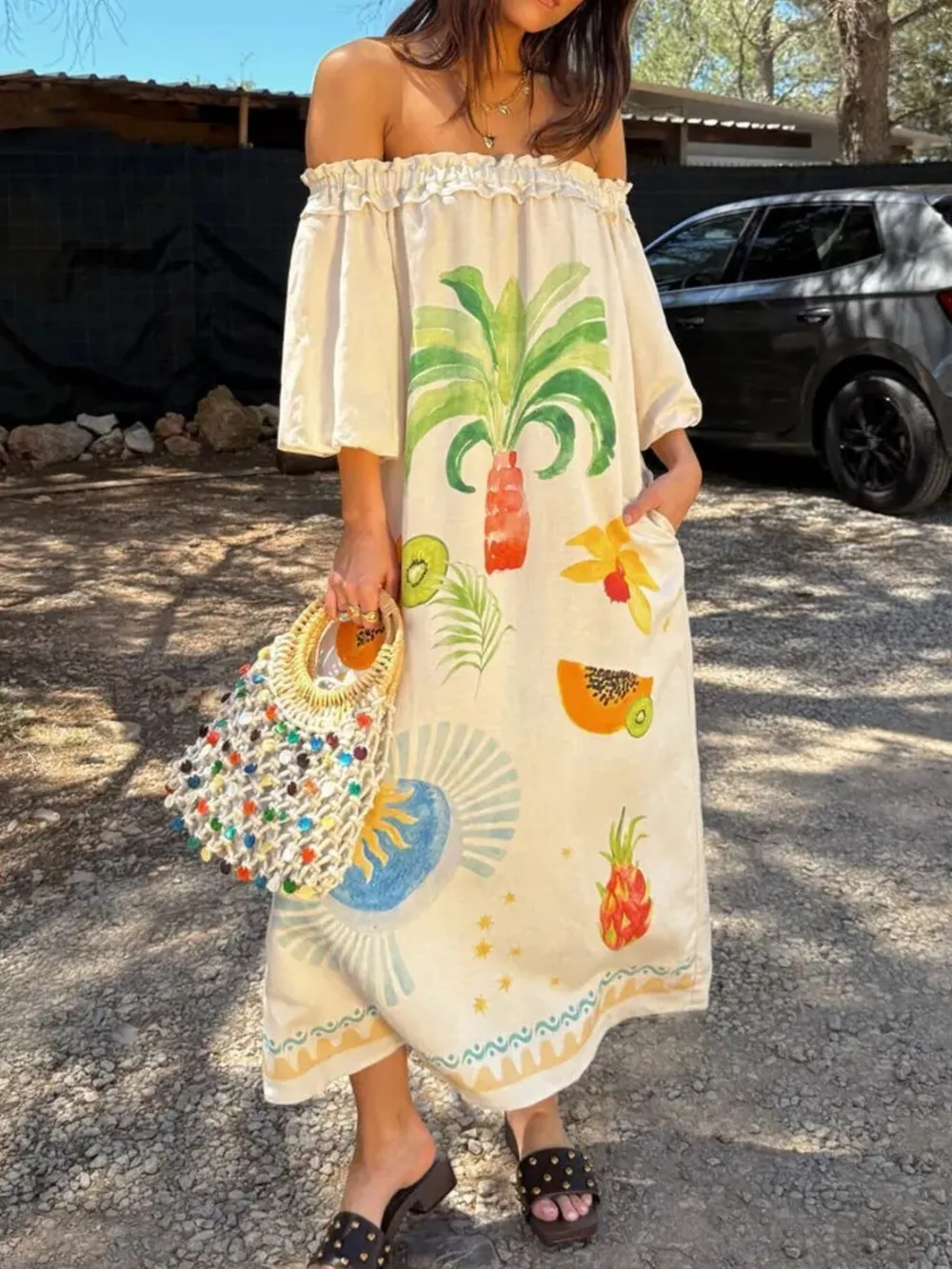 Frill Printed Off-Shoulder Dress, image 9
