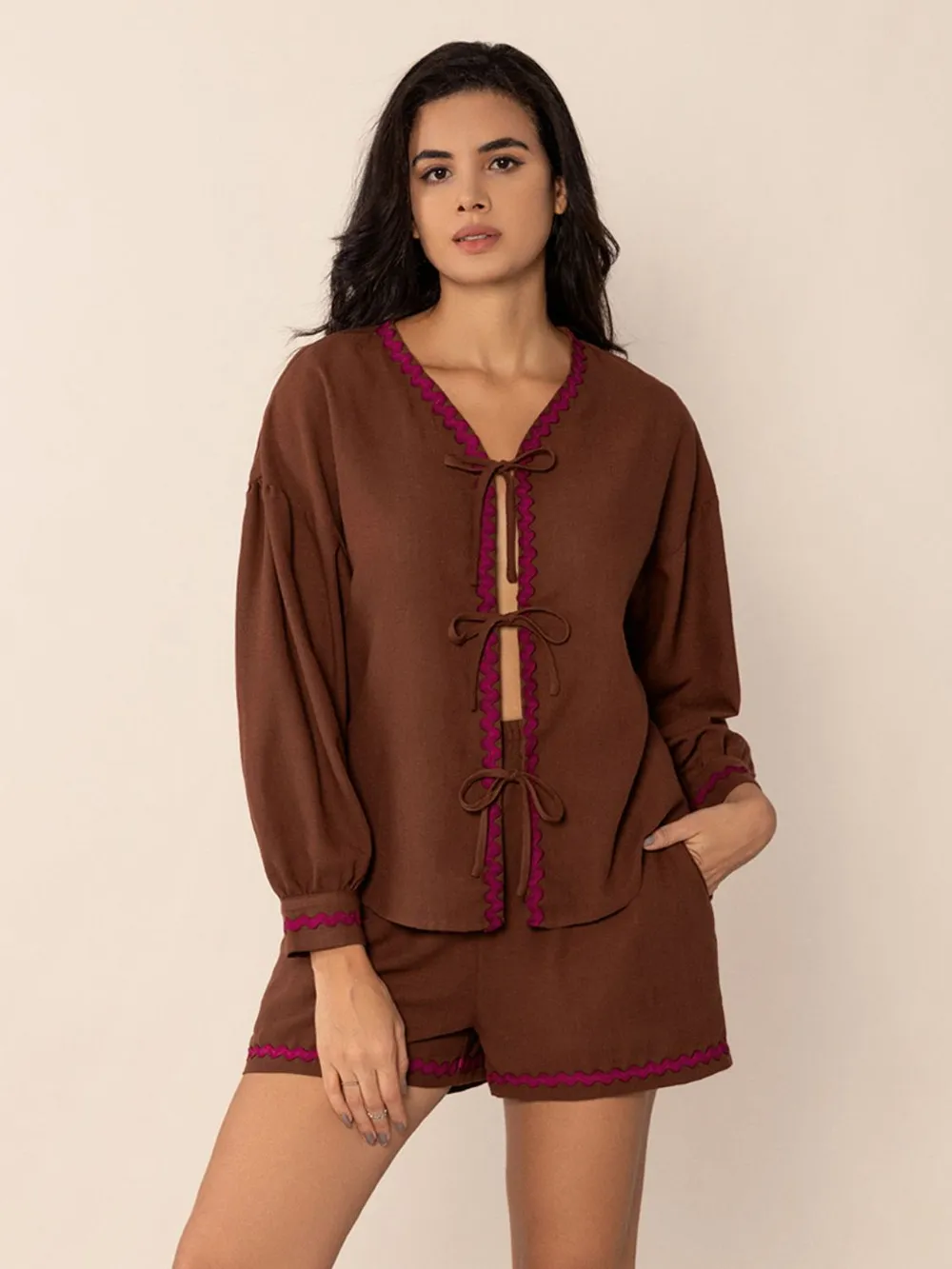 Tied V-Neck Long Sleeve Top and Shorts Set, image 5