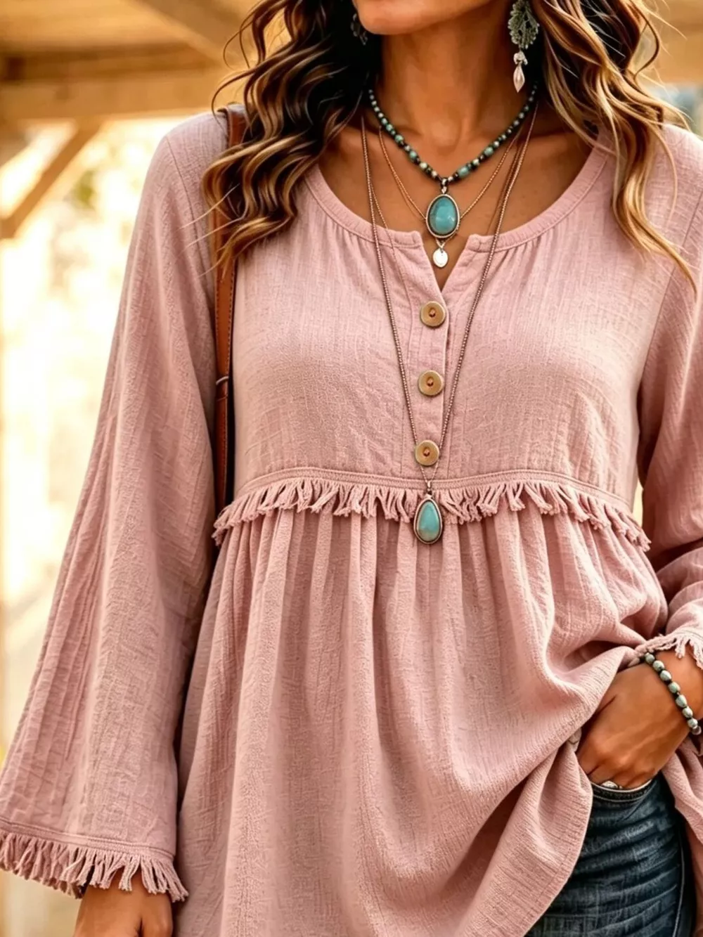 Button-Down Detail Fringed Hem Blouse, image 3