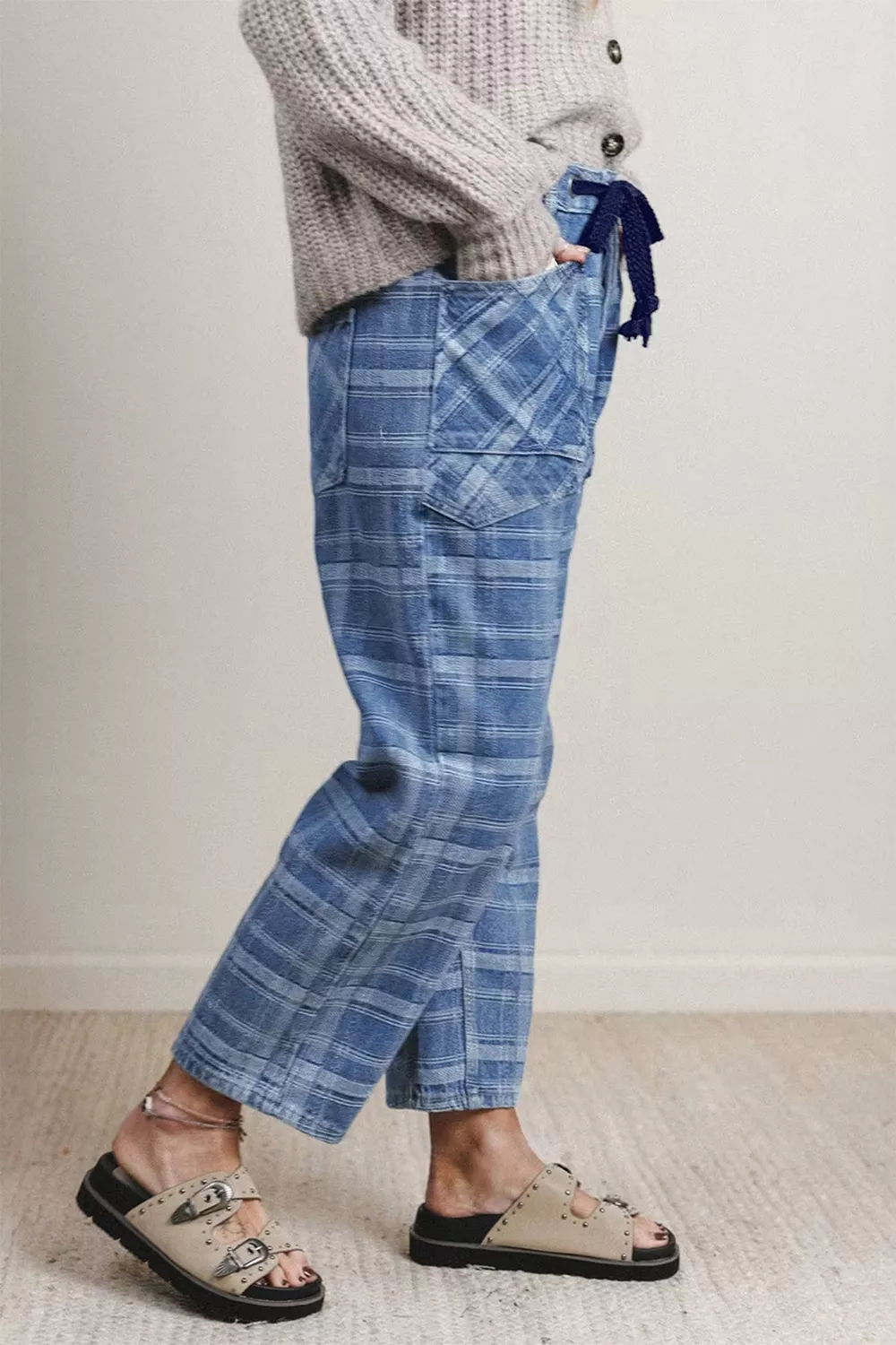 Plaid Denim Grommet Drawstring Waist Ankle-Length Jeans, image 5