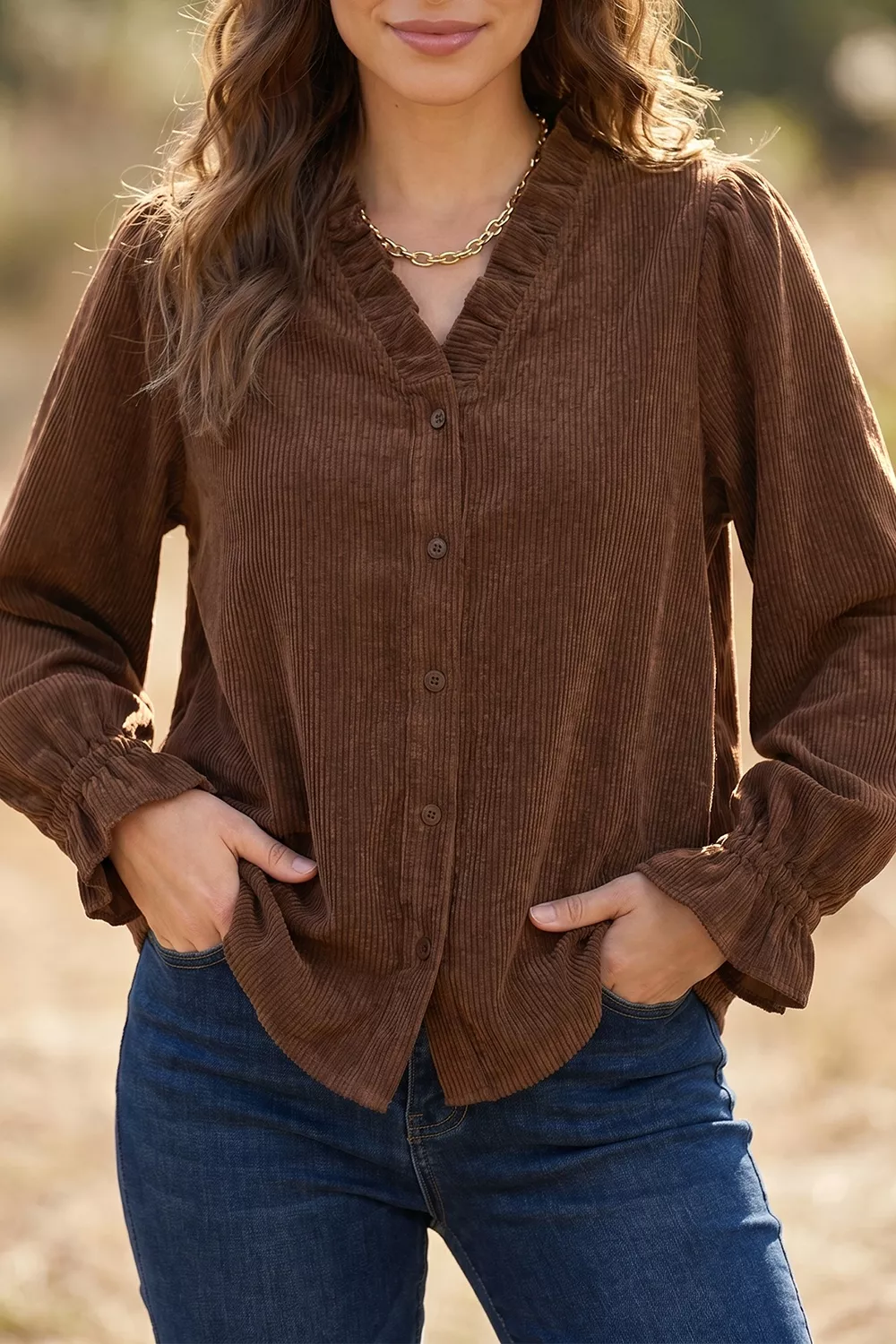 Solid Color Ruffle Trim V Neck Long Sleeve Button Corduroy Shakcet, image 3