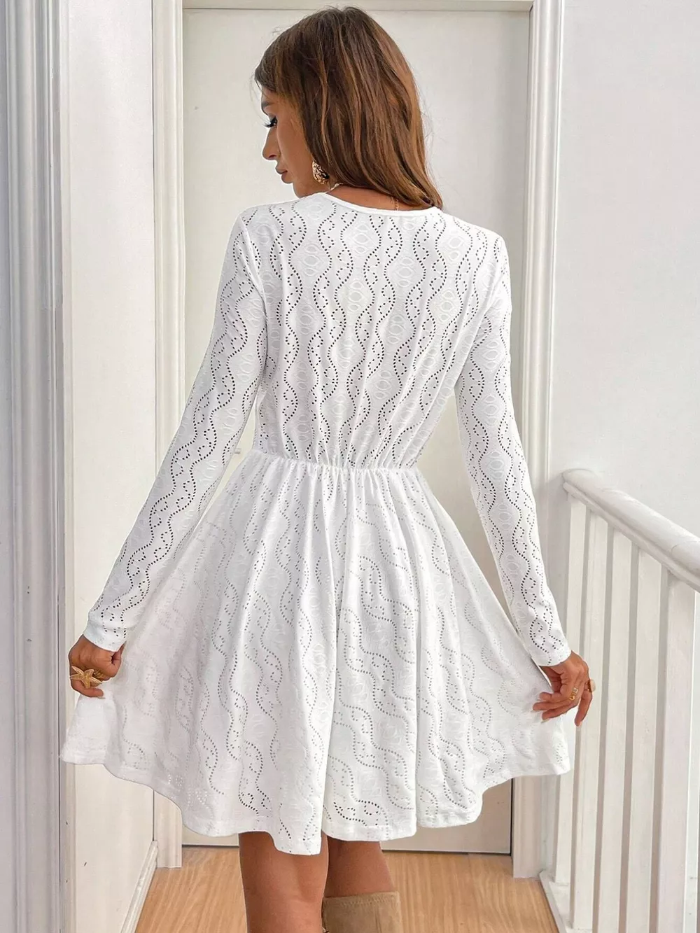 Lace Openwork Long Sleeve V-Neck Dress, image 2