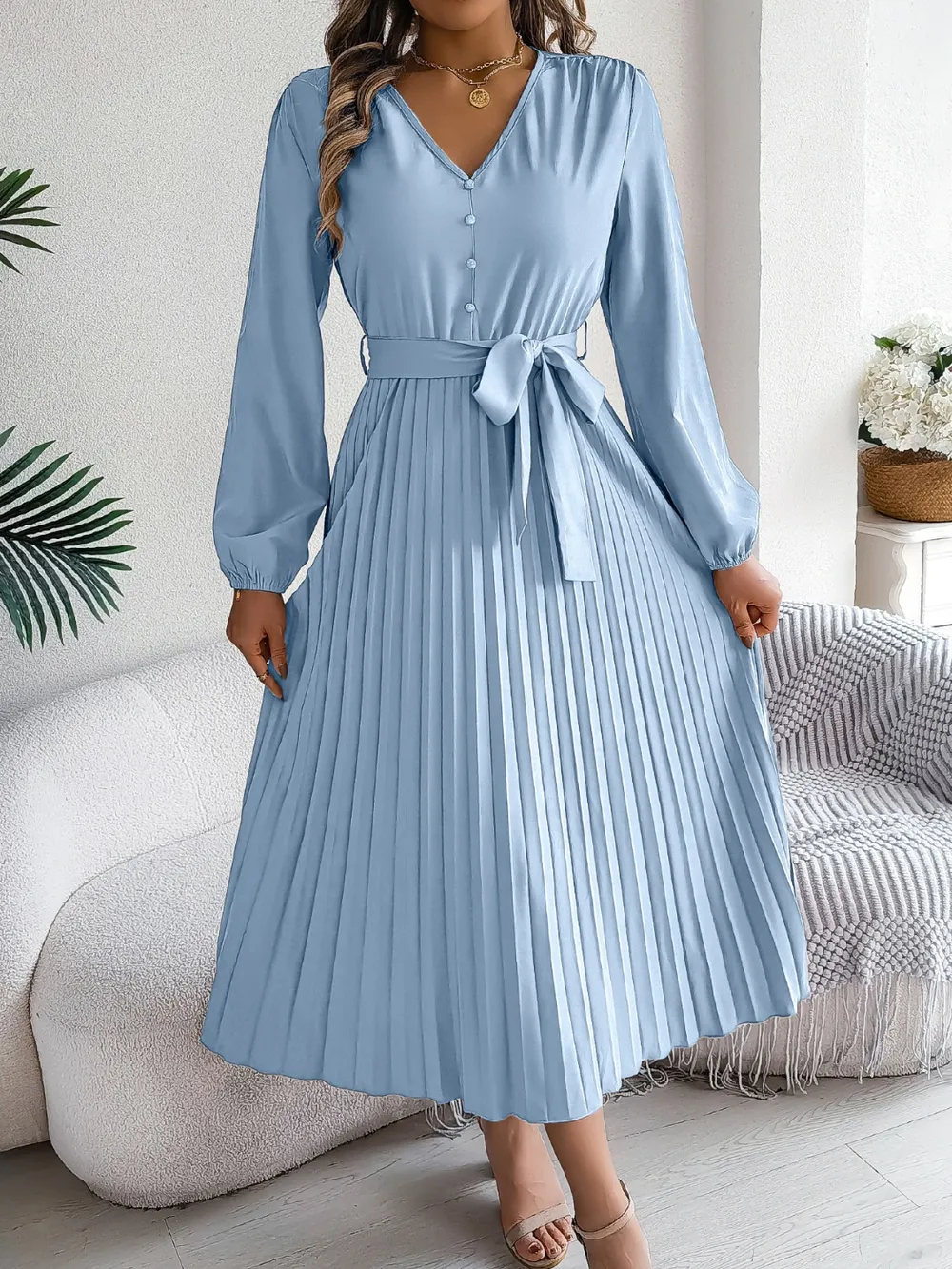 Pleated Tied V-Neck Long Sleeve Dress, image 8