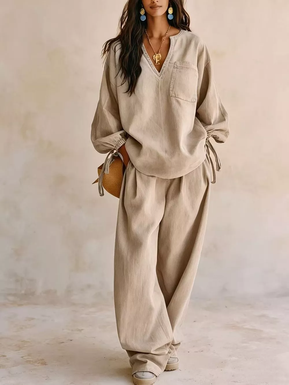 Relaxed Fit Drawstring Sleeve Detail Top and Pants Denim Set, image 7