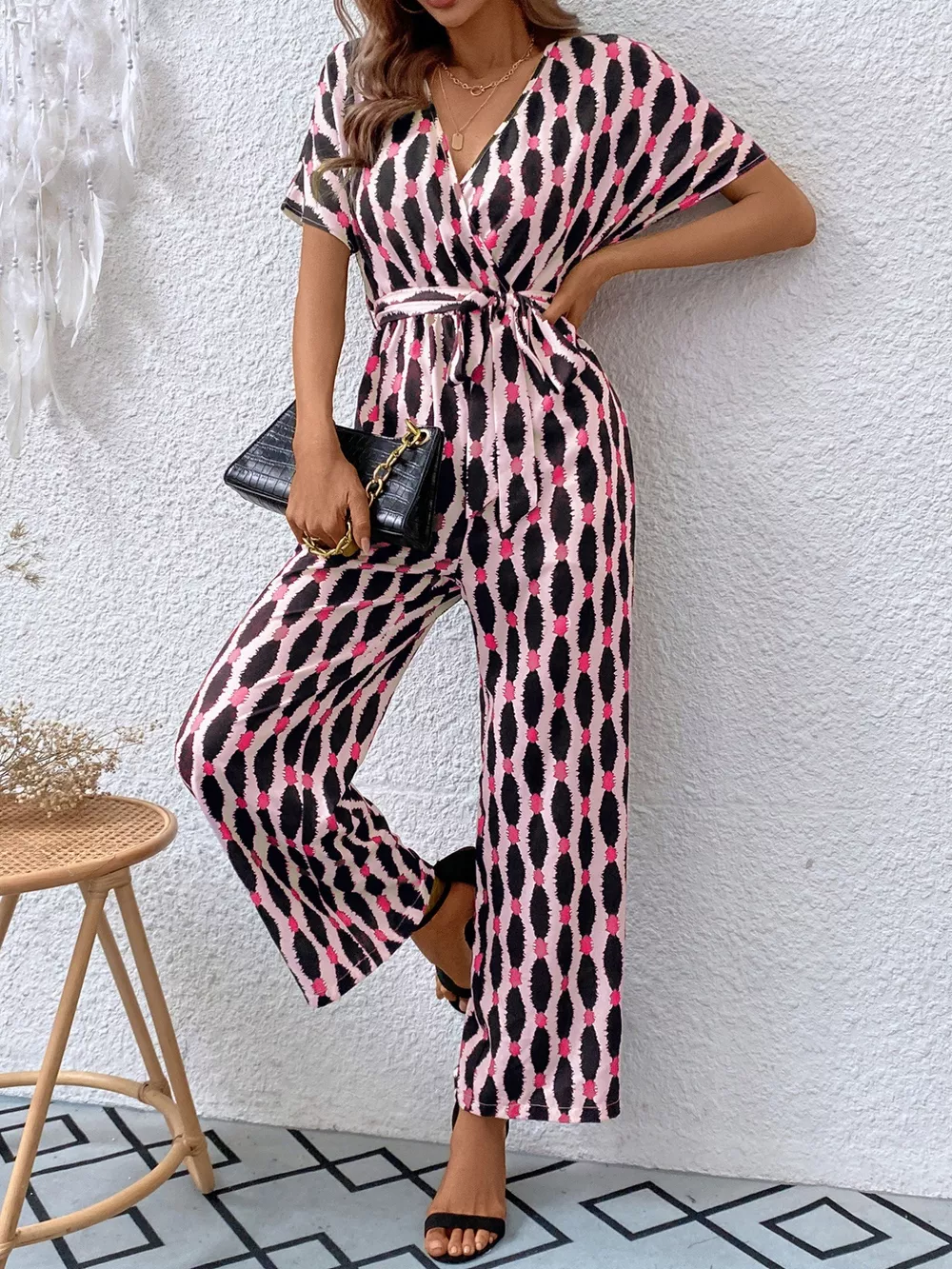 Printed Surplice Tie Waist Short Sleeve Jumpsuit, image 20