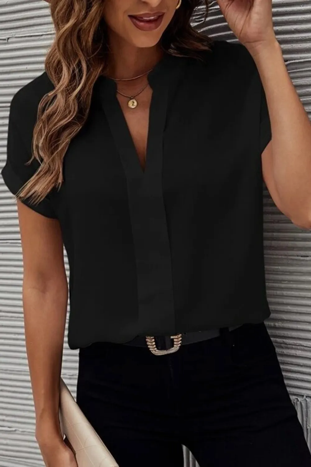 Full Size Notched Short Sleeve Blouse, image 14