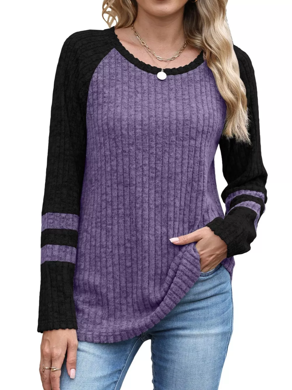 Ribbed Knit Raglan Long Sleeve T-Shirt, image 16