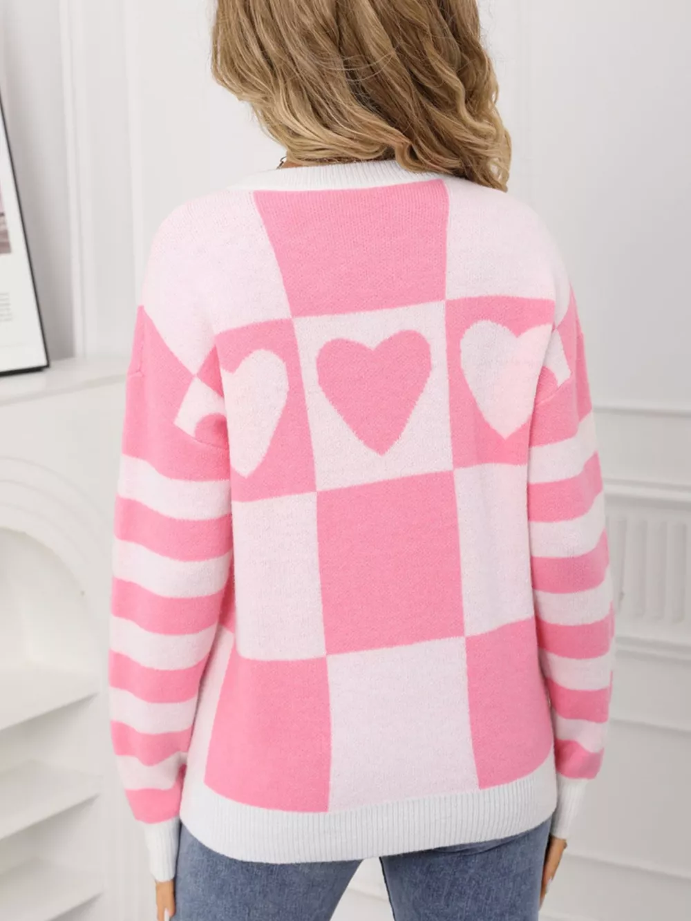 Heart Pattern Checkerboard Knit Sweater, image 13