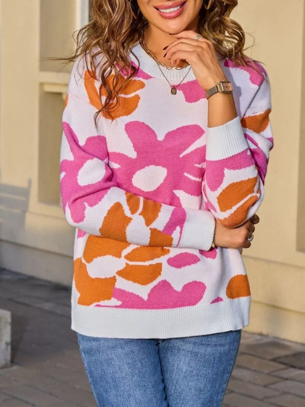 Floral Crew Neck Long Sleeve Sweater, image 3