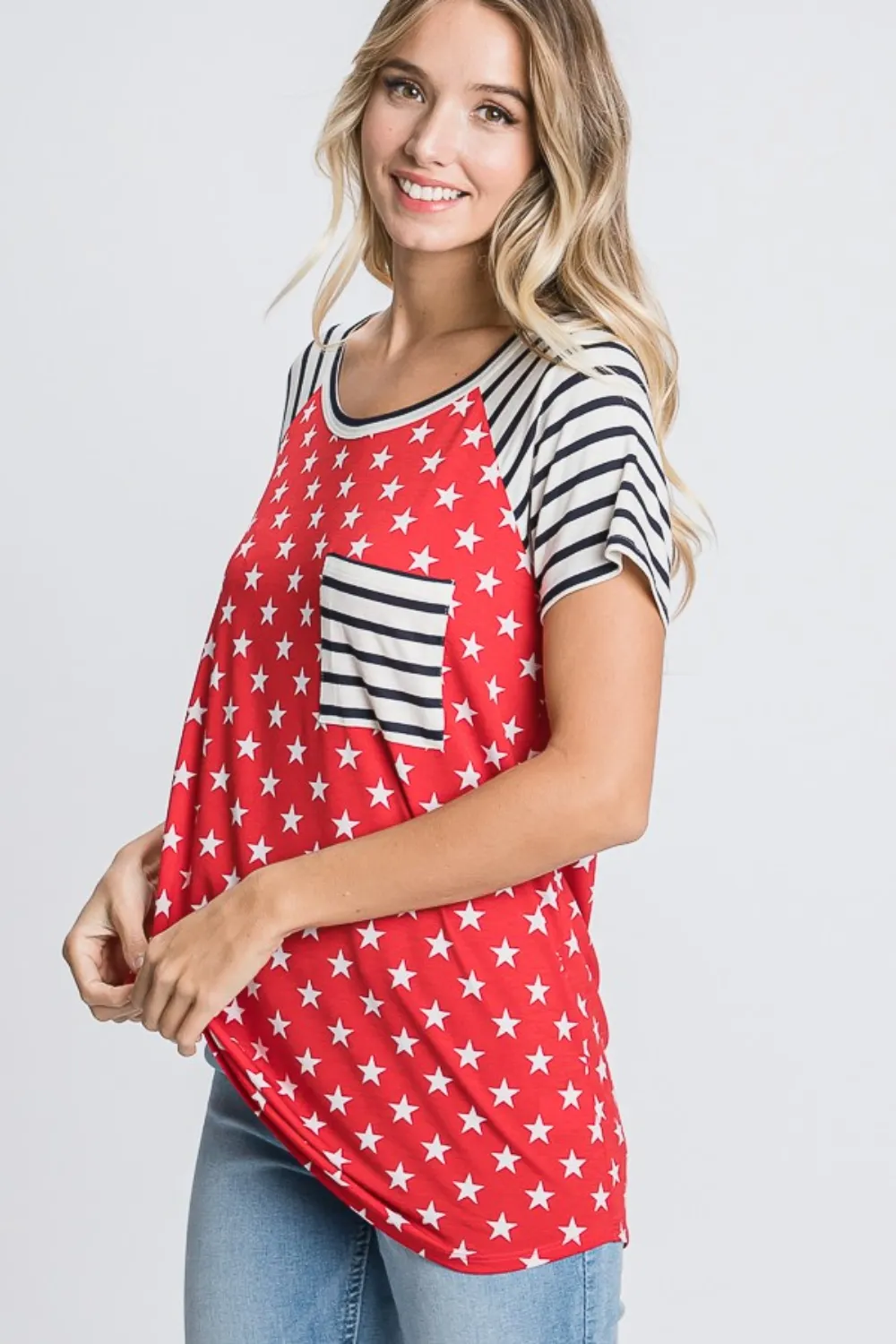 Full Size Star & Striped Round Neck Short Sleeve T-Shirt Plus Size, image 5