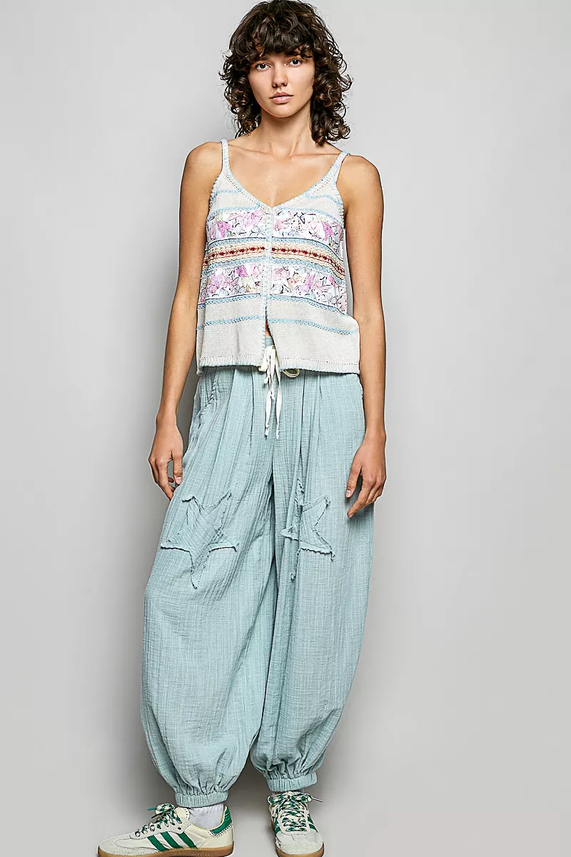Printed Contrast Button Down Cami with Trim Detail and Blanket Stitch, image 5
