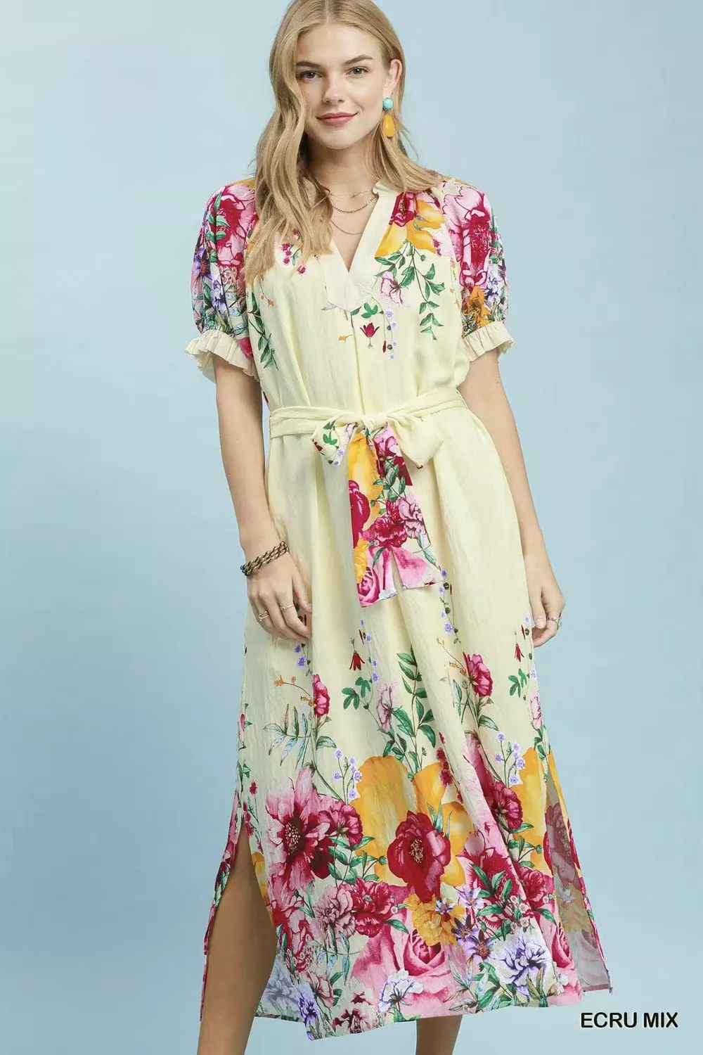 Mix Floral Border Print Midi Dress