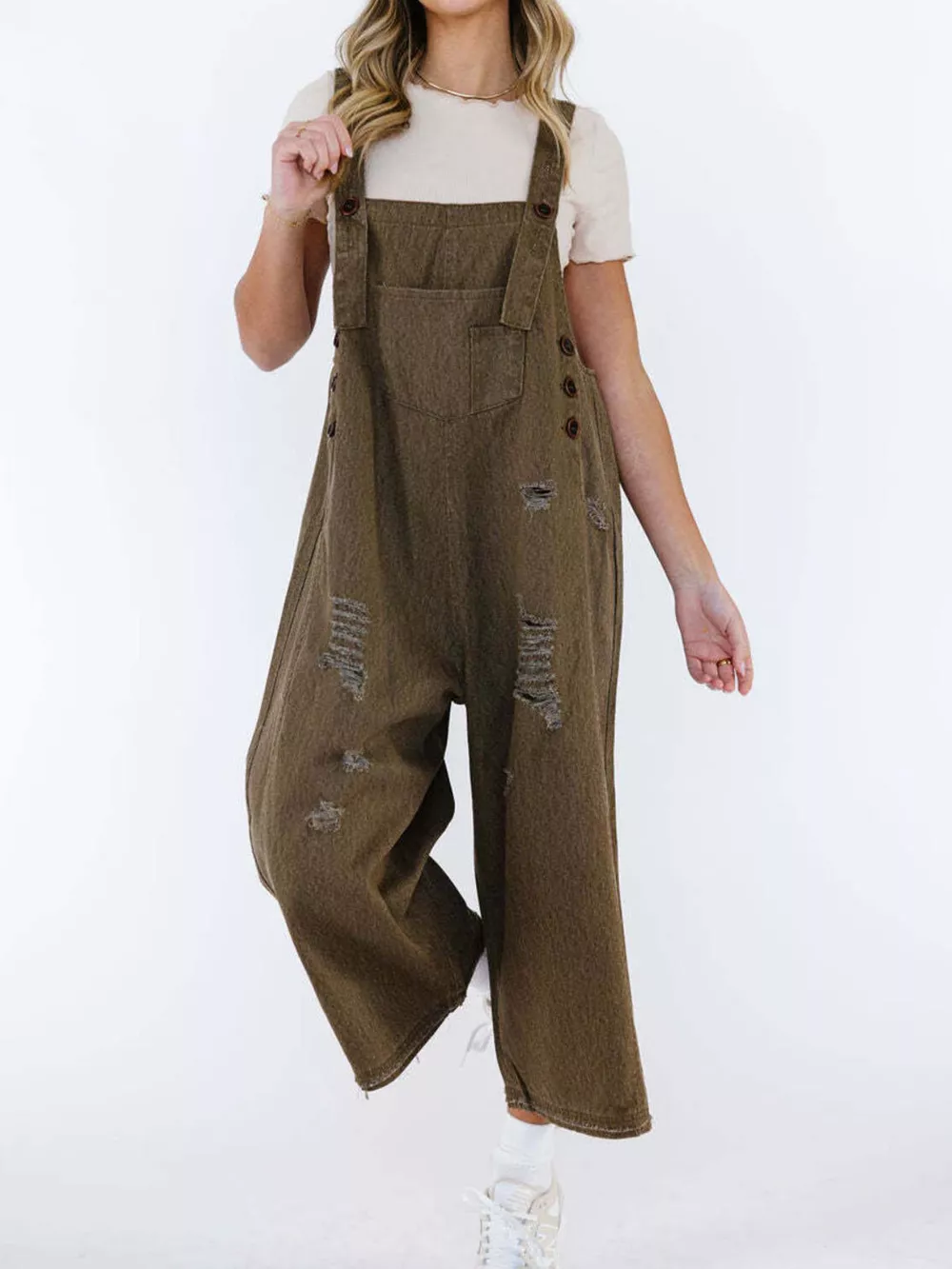 Distressed Wide Leg Denim Overalls, image 16