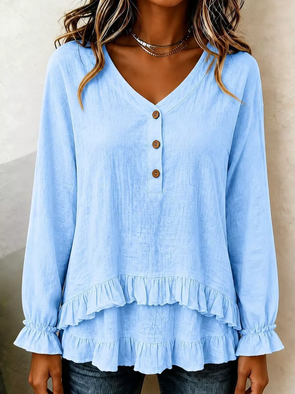 V-Neck Long Sleeve Button Detail Ruffled Hem Blouse, image 14