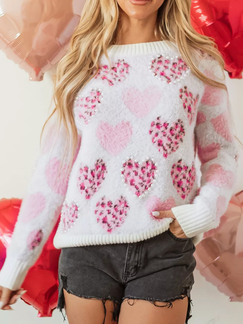 Heart Leopard Pearled Ribbed Trim Fuzzy Sweater, image 5