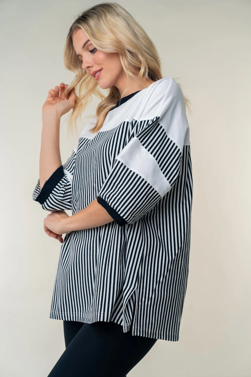 Full Size Striped Contrast Round Neck Top, image 3