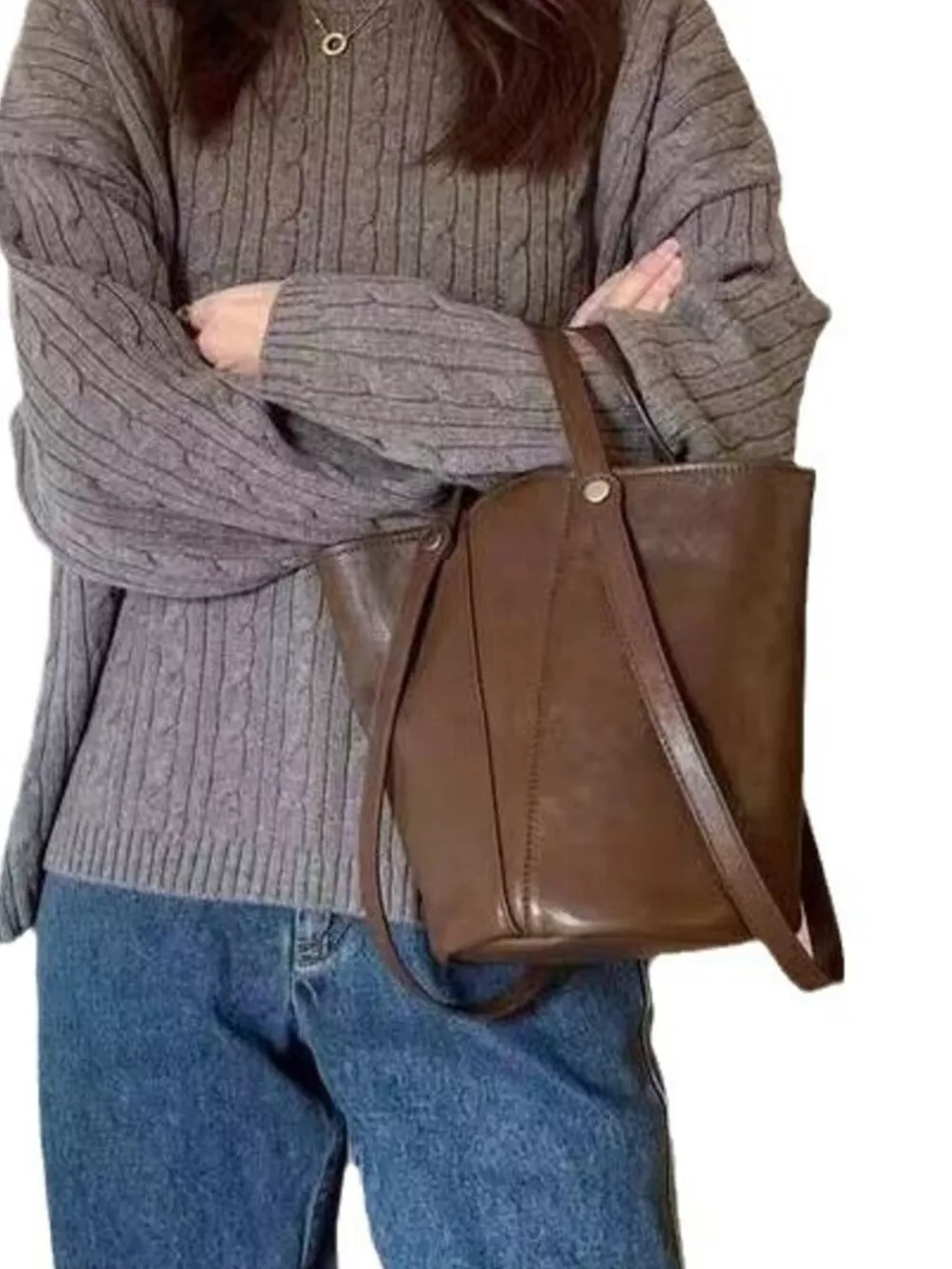 Leather Bucket Tote Bag, image 5