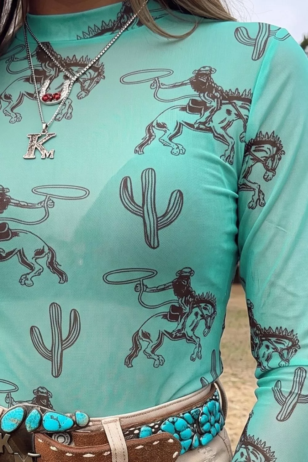 Mesh Long Sleeve T-Shirt with Cowboy and Cactus Print, image 3
