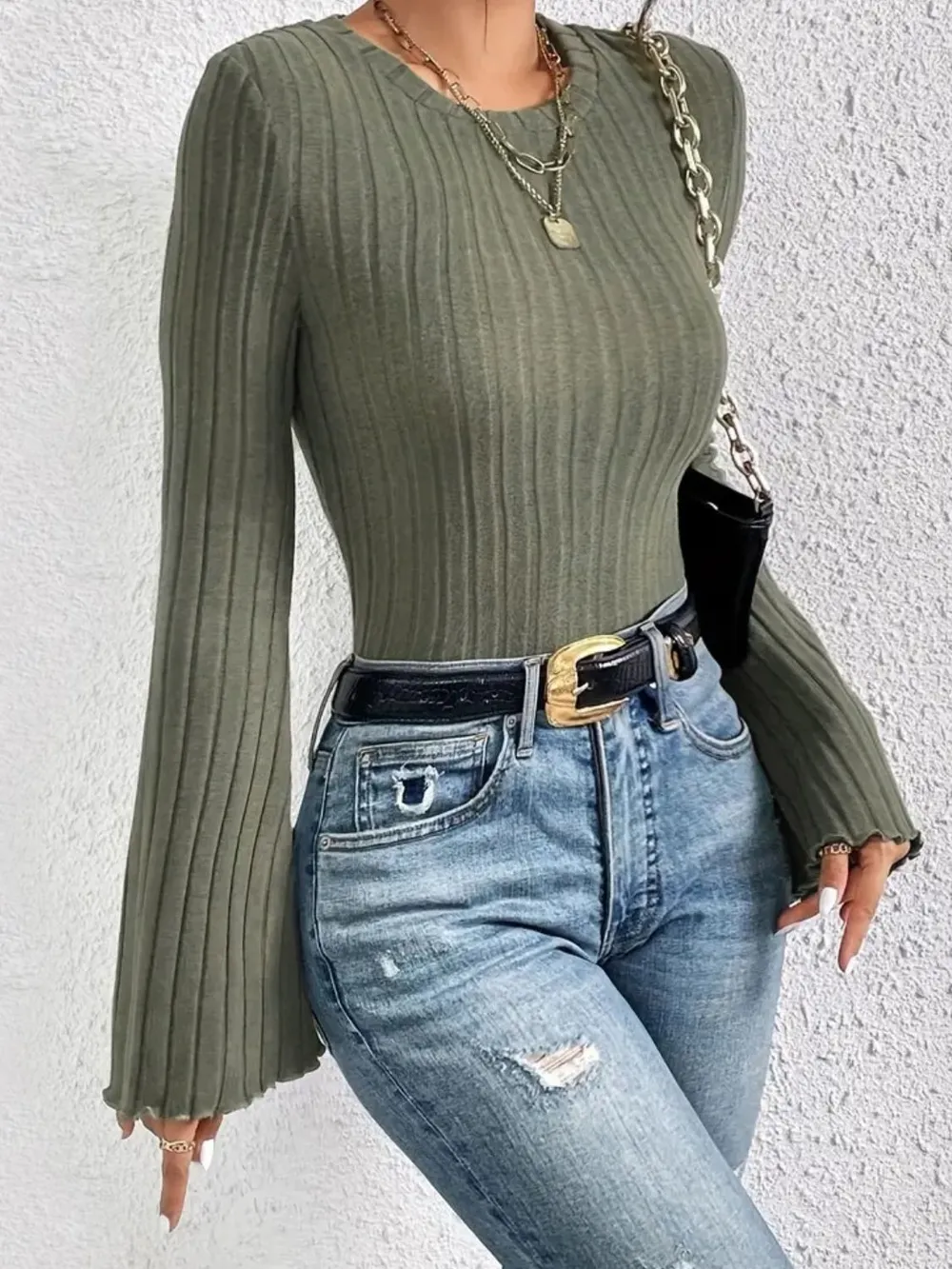 Ribbed Round Neck Flare Sleeve T-Shirt, image 8