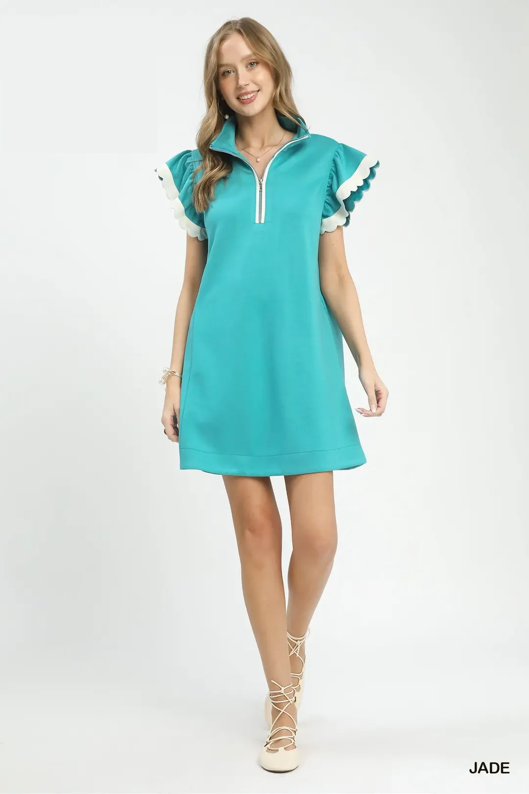 Zip-Neck Flutter Sleeve Dress, image 5