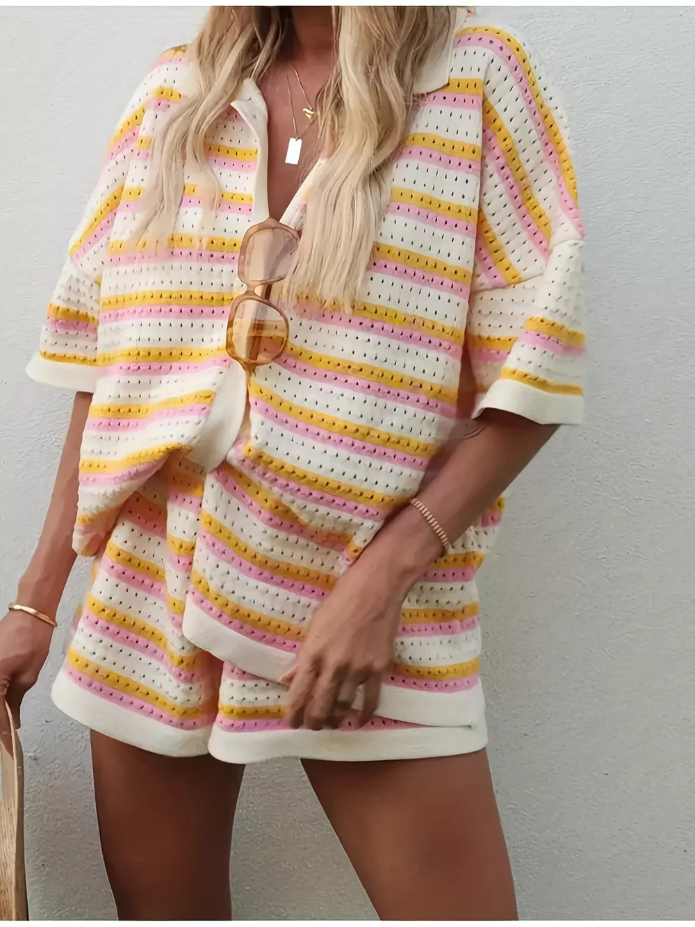 Openwork Button Up Top and Shorts Set, image 6