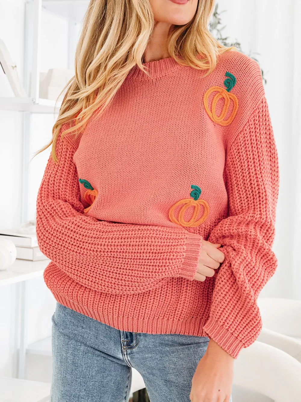 Pumpkin Embroidered Thanksgiving Holiday Sweater, image 6